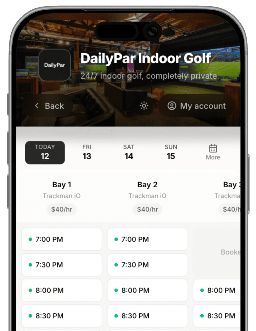 AllWedge mobile booking experience for indoor golf customers