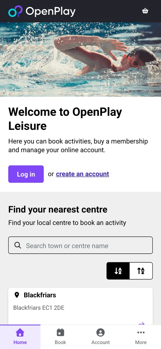 Flow booking site on a phone: log in or create an account, then find your nearest centre