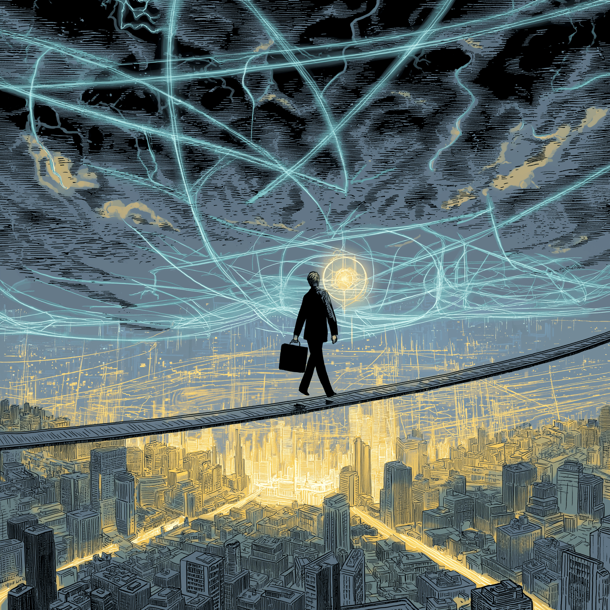 a businees owner walking a tightrope - symbolising keeping compliant yet advancing using AI