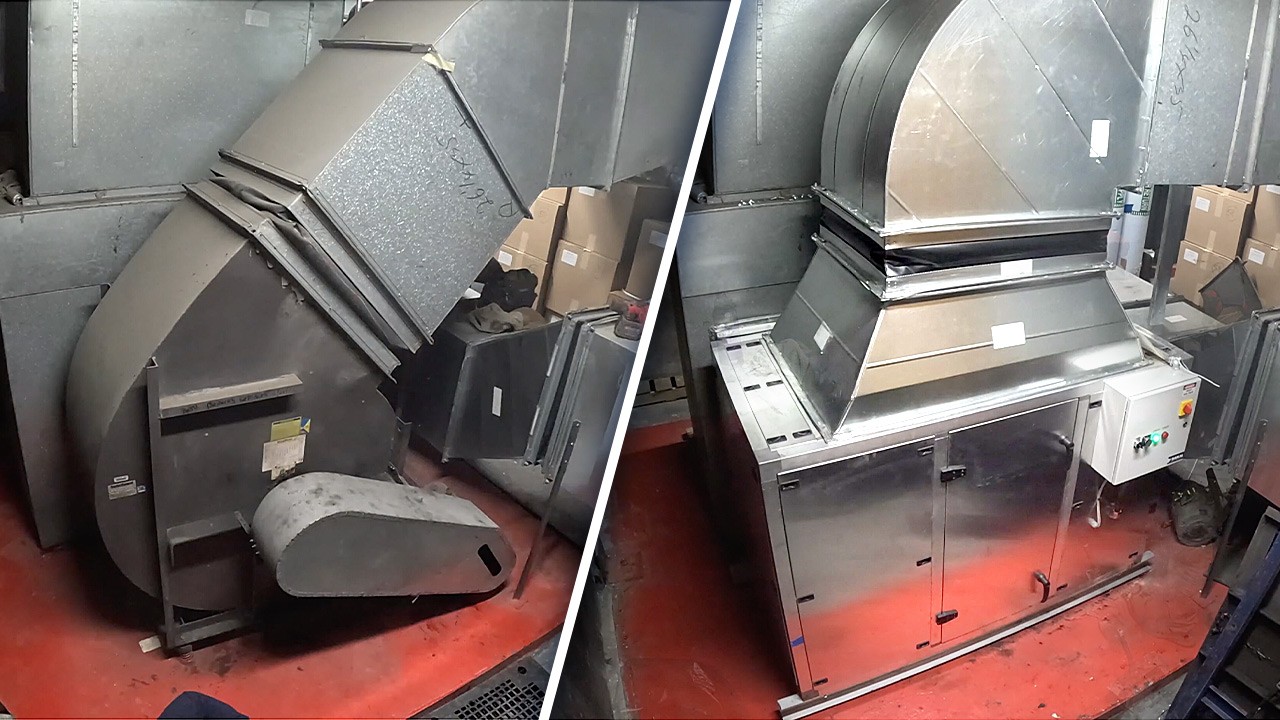 GRR Cooling Experts BronxCare Hospital return fan retrofit before-and-after photo showing upgraded return fan and duct transition, completed live in 7 hours for an OR support critical environment in Bronx NYC.