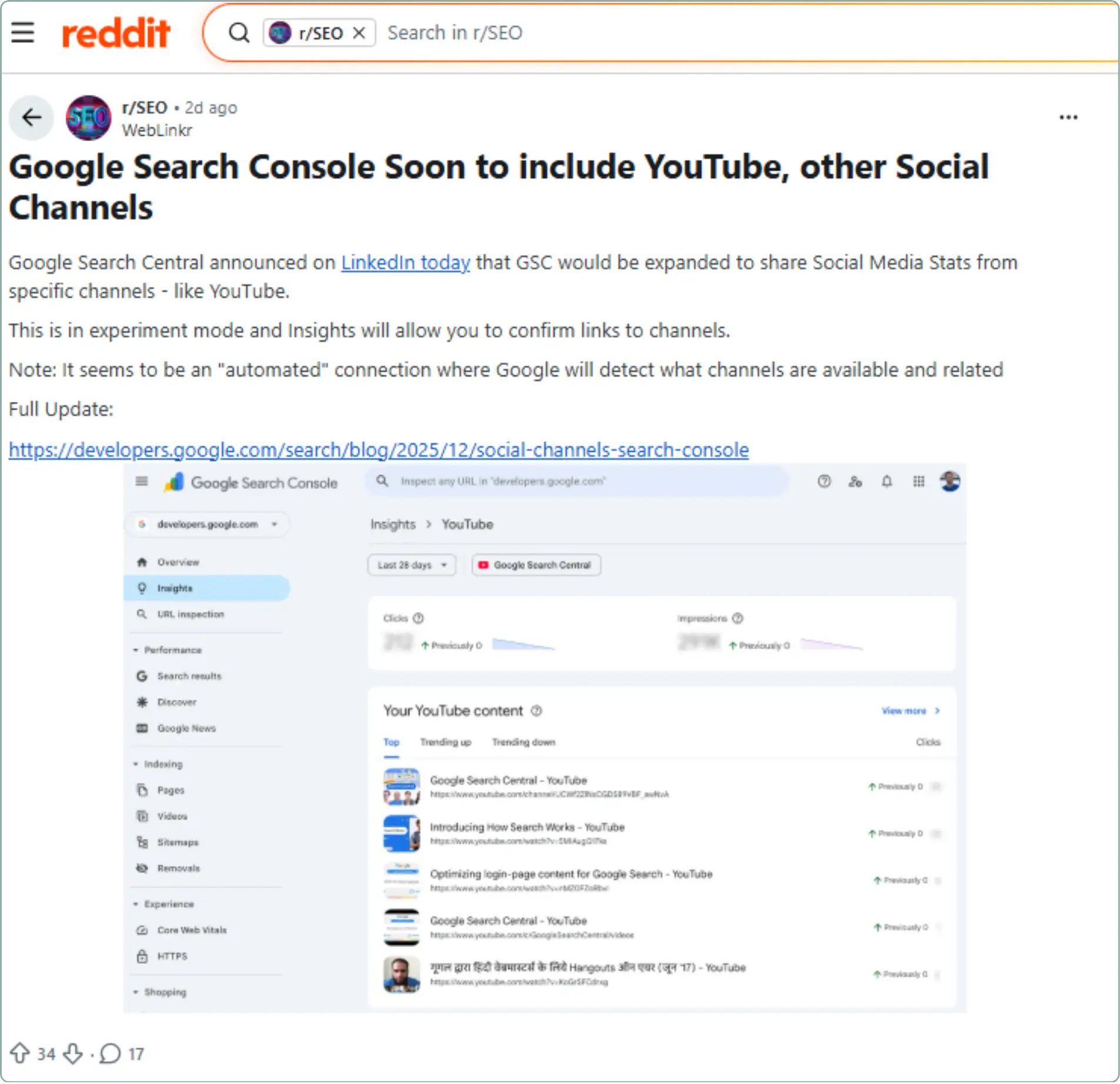 Google search console include youtube and other social channels