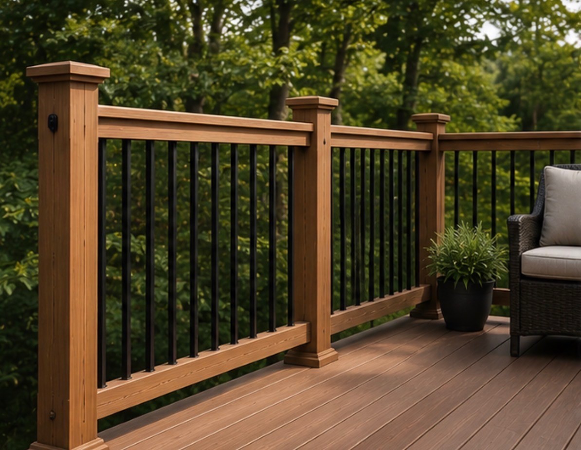 Finished backyard deck with seating and railing