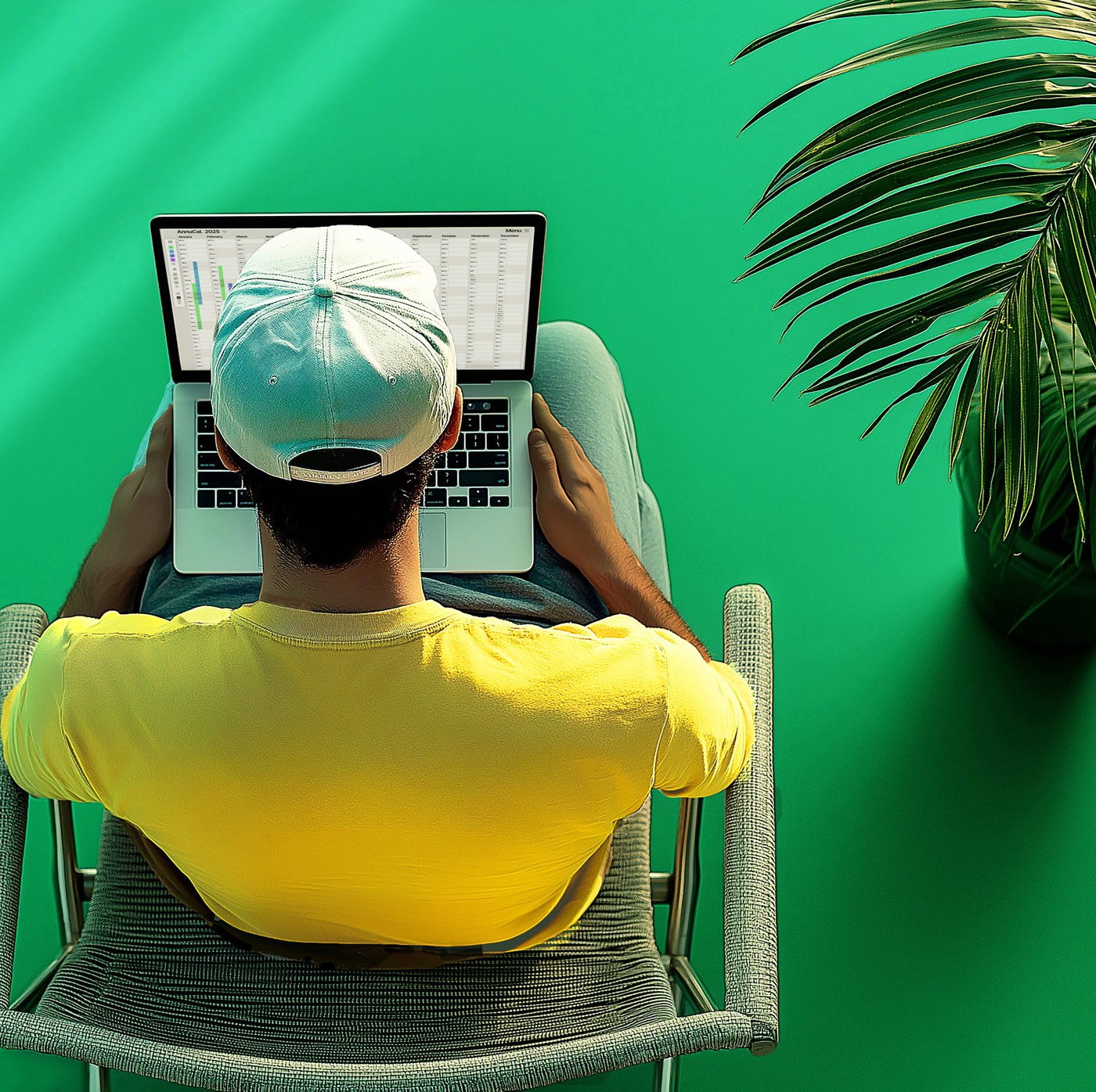 Over the shoulder view of Traveller sits on a holiday chair working with his laptop, a palm tree in the background