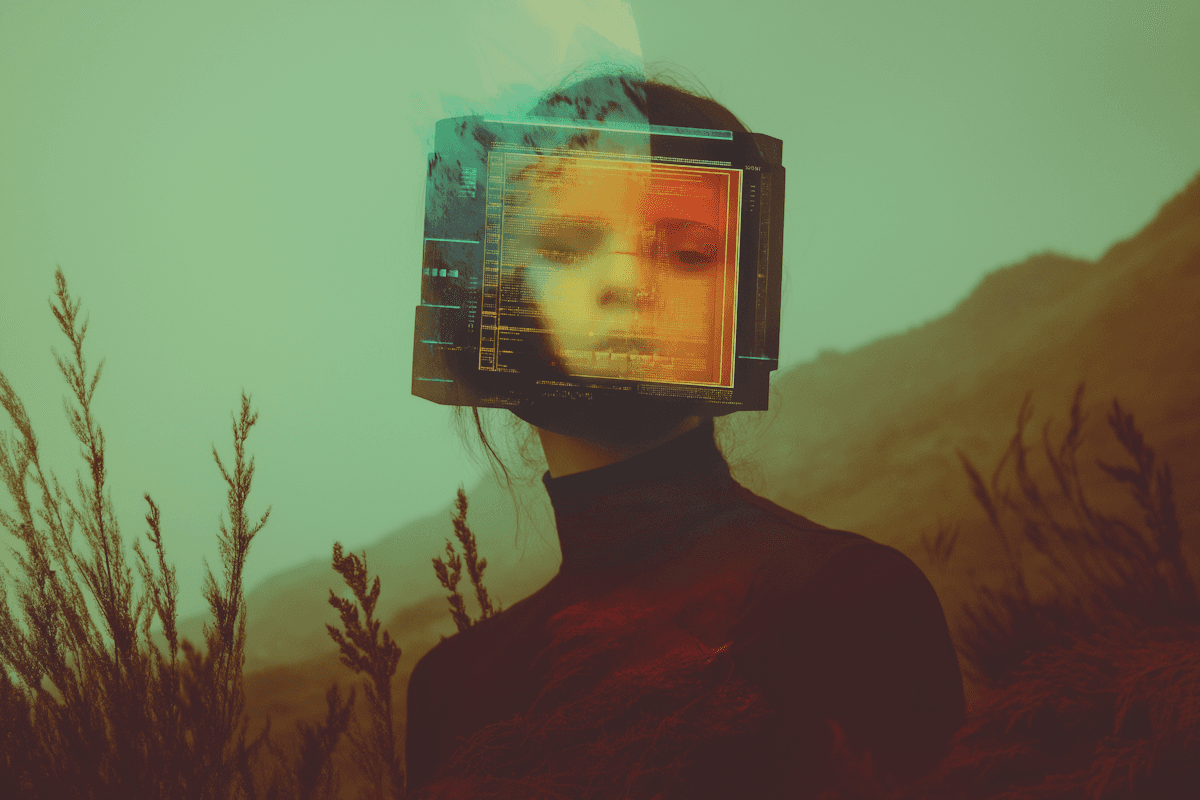 The image features a human subject with a futuristic, digital screen overlaying their face, creating a surreal and intriguing effect.