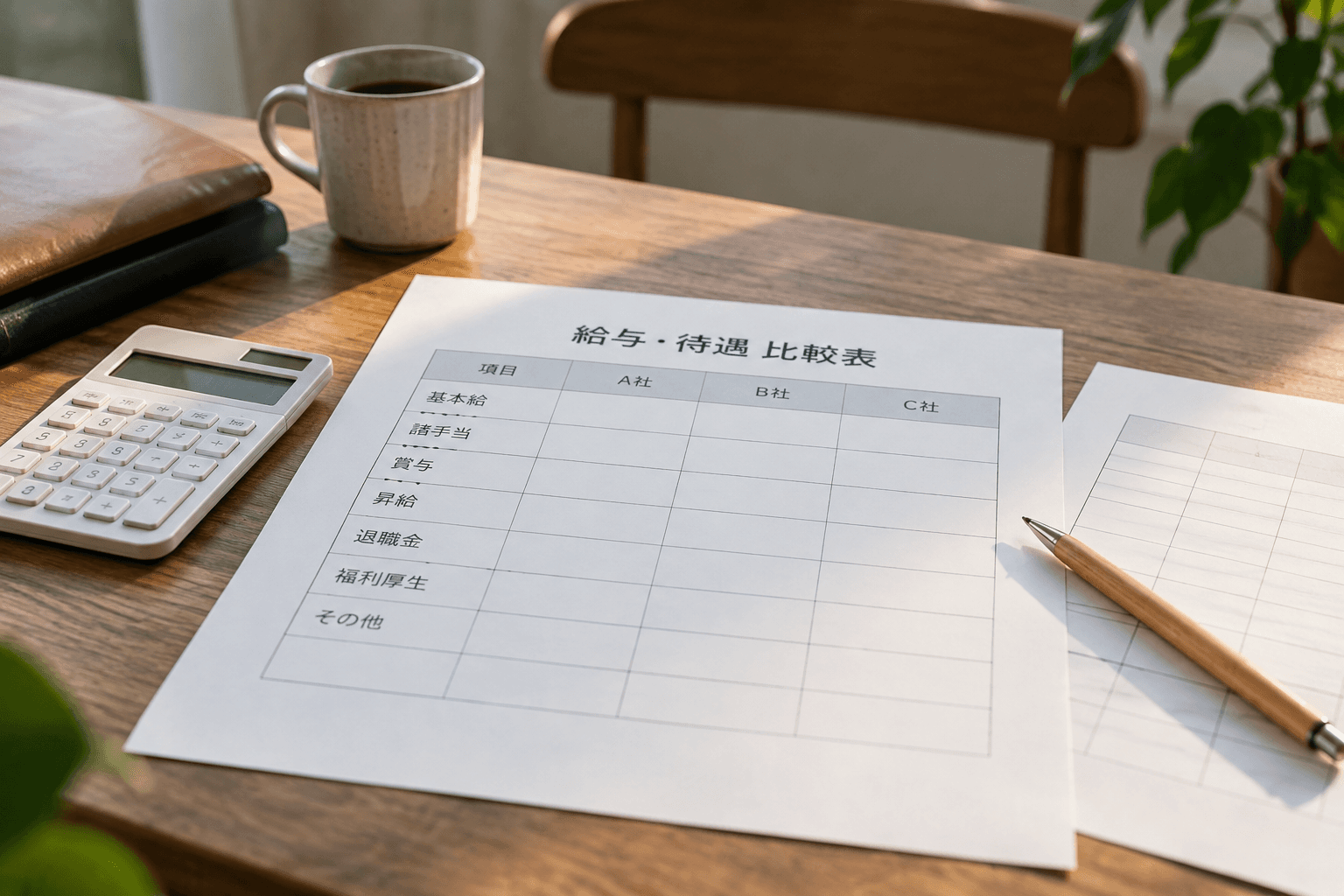 電卓と複数の待遇資料を机に並べて内訳を確認するイメージ