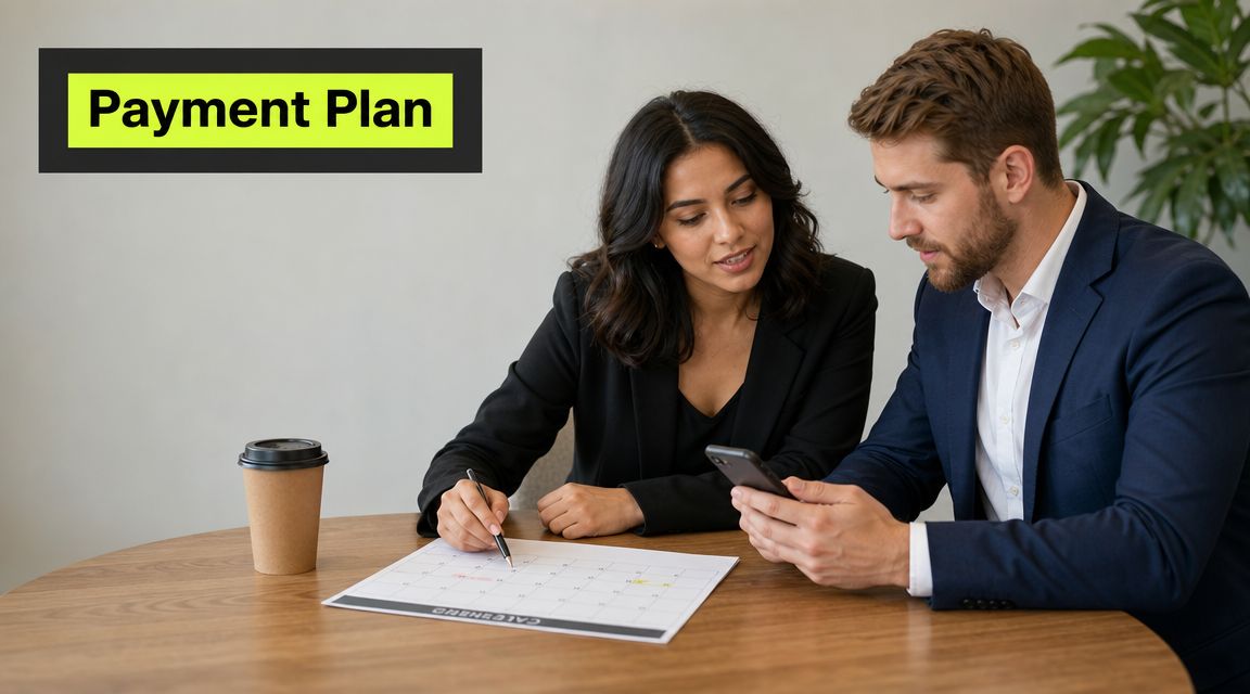 A professional man and woman in business attire reviewing a calendar together at a wooden table.