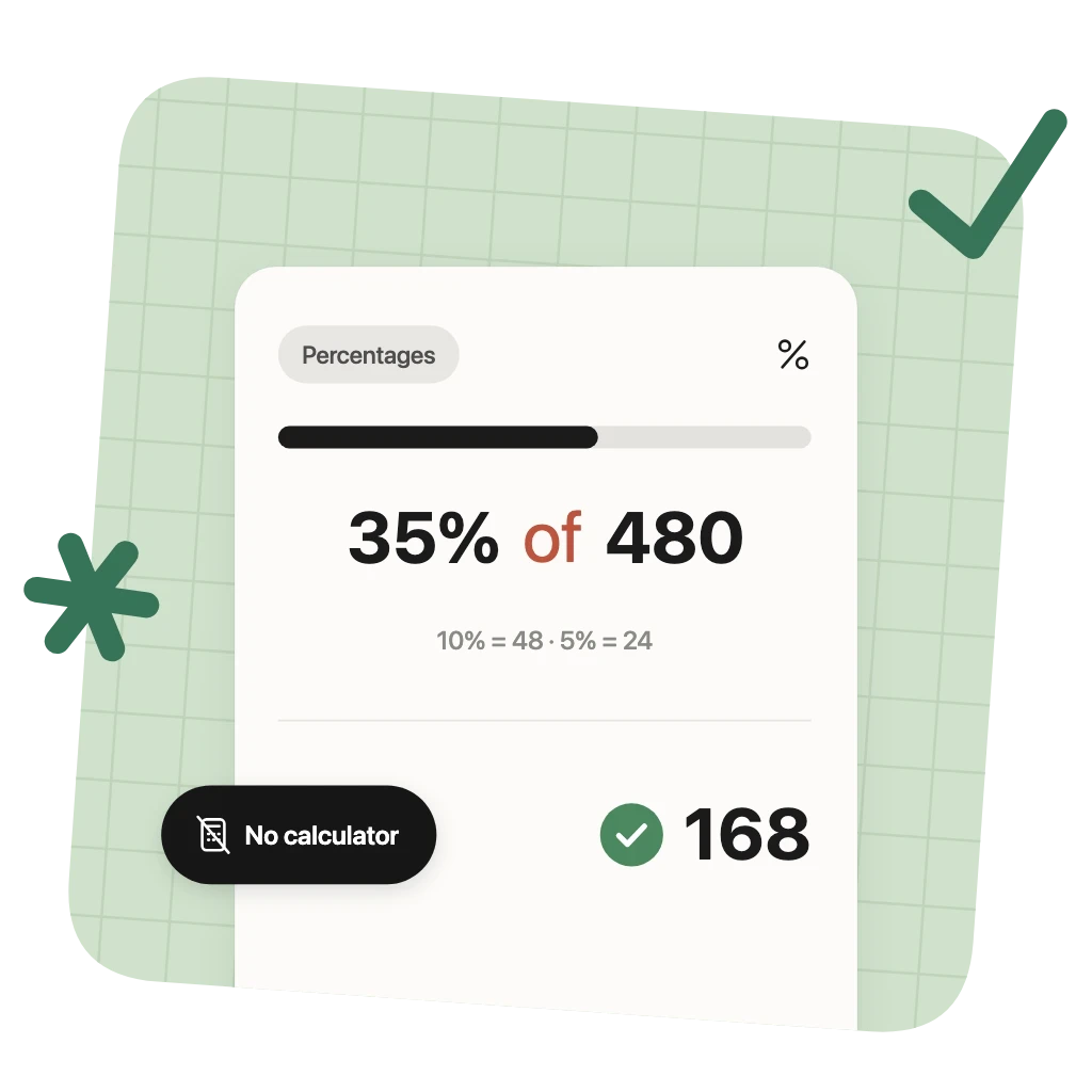 Numbio percentages drill solving 35% of 480 without a calculator, using 10% = 48 and 5% = 24 to reach 168.