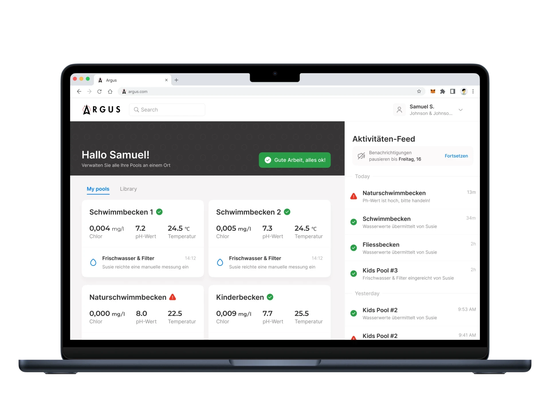 ARGUS pool management web interface showing multiple pool monitoring cards with water quality metrics and activity feed for comprehensive oversight.