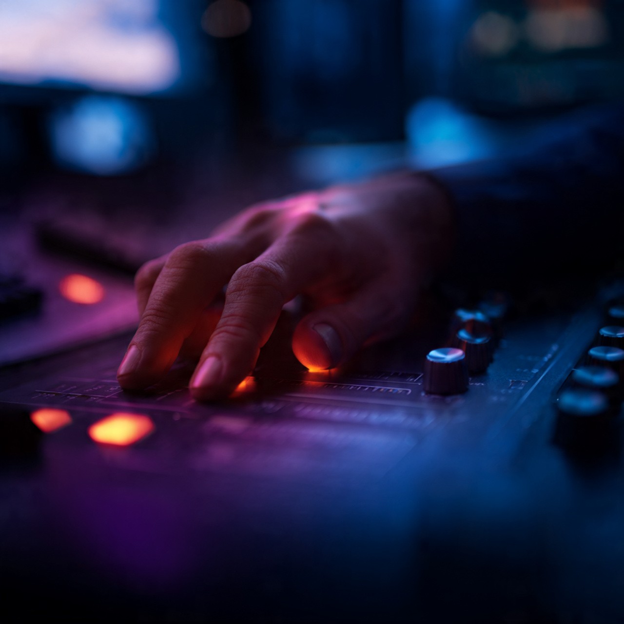 Close-up of a hand adjusting audio controls on a mixing board, illuminated with blue and orange lights.