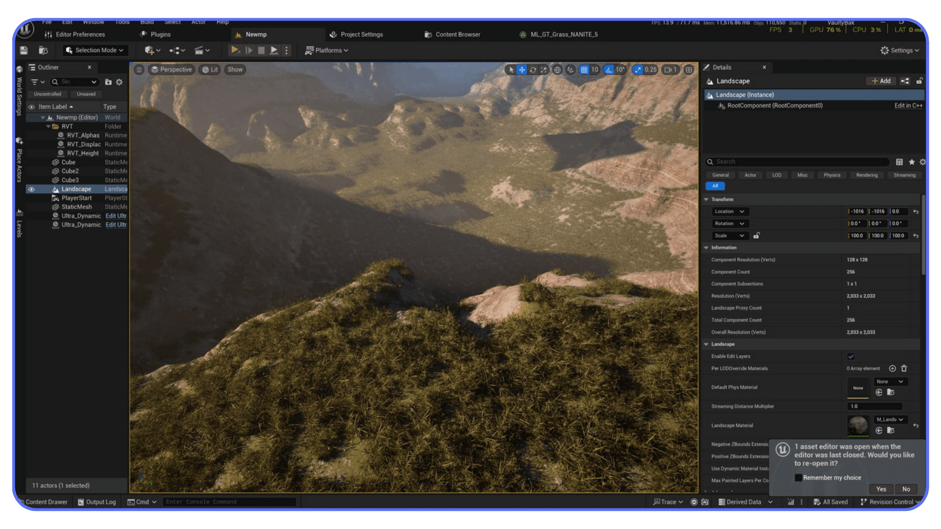 Large open-world landscape rendered in Unreal Engine 5.7 with dense Nanite grass, detailed terrain, and the landscape settings panel visible in the editor.