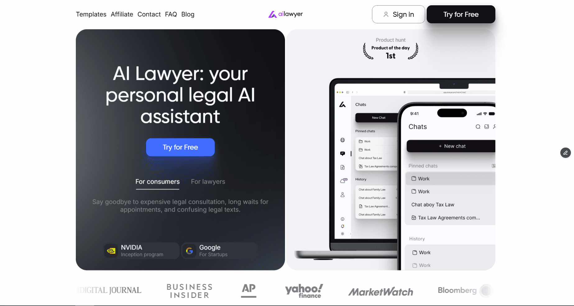 Homepage screenshot of AI Lawyer featuring the headline “your personal legal AI assistant,” a “Try for Free” button, and app previews on desktop and mobile alongside media and startup program logos.