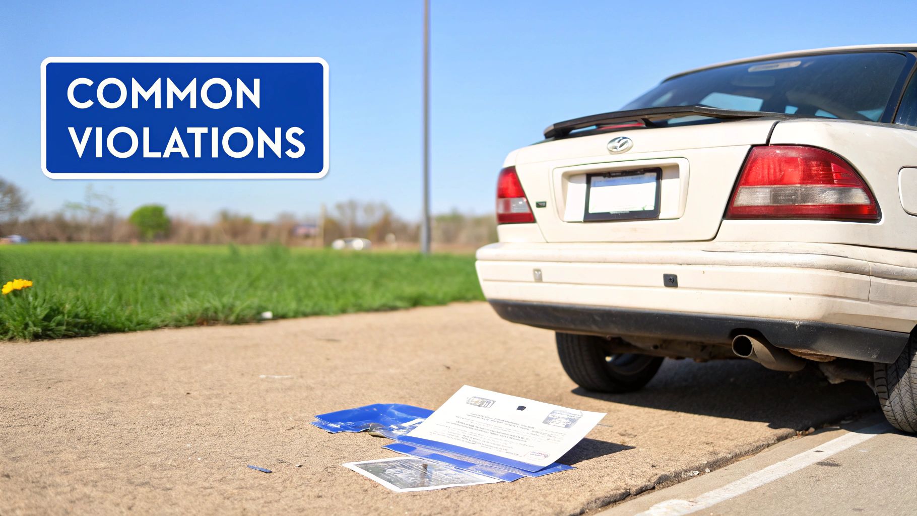 Rear view of a car parked roadside with a 'COMMON VIOLATIONS' sign and papers on the ground.