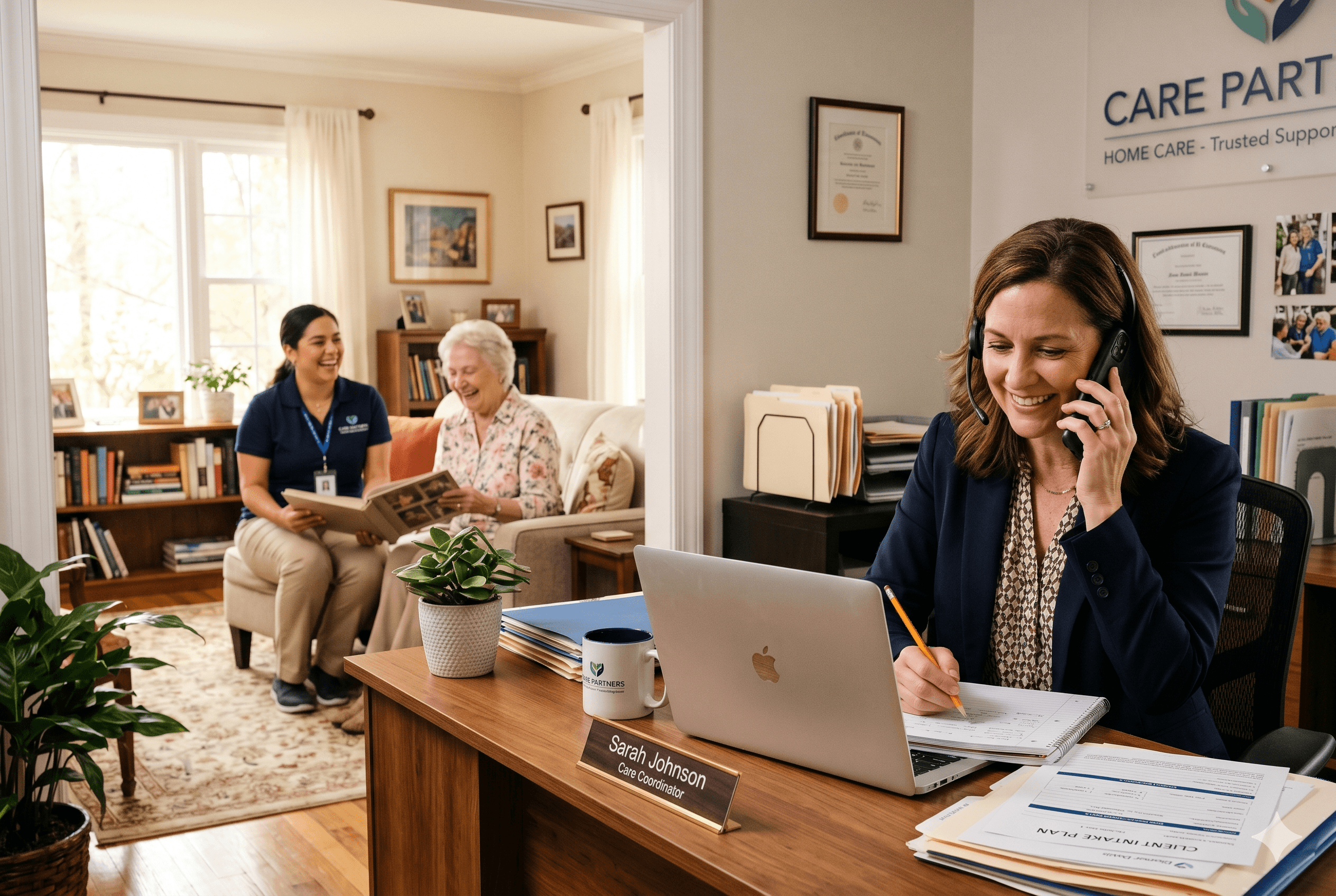 Owner operated home care agency office, care coordinator on the phone with a family while reviewing a client intake plan on a laptop, caregiver and older adult smiling in the background living room, warm natural light, welcoming professional atmosphere. Shot on Fujifilm X T4, aspect ratio 3:2