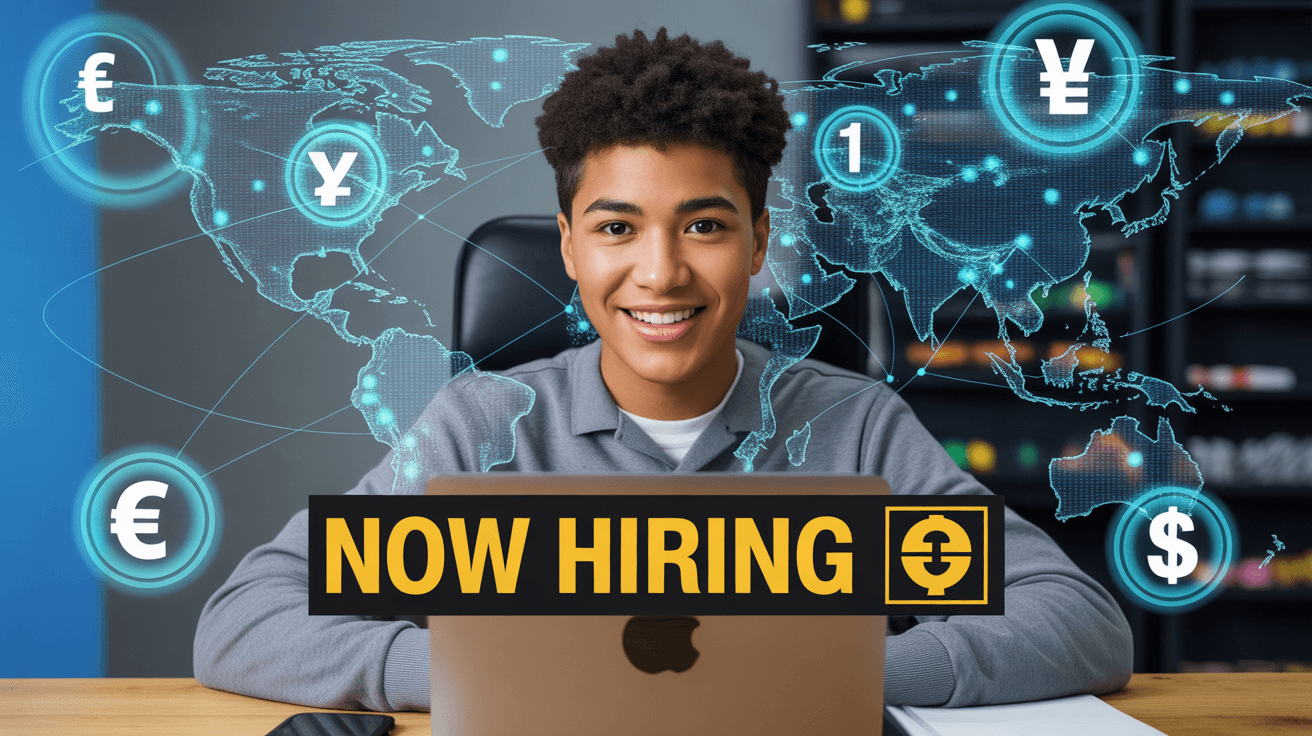 Young professional at laptop with global currency icons and NOW HIRING headline