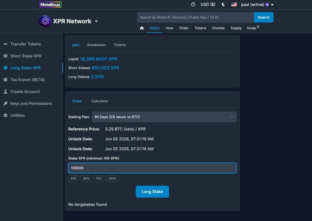 XPR Network Explorer Long Stake XPR page showing Wallet tab, 90-day staking plan, reference price in sats, unlock date, and stake amount input