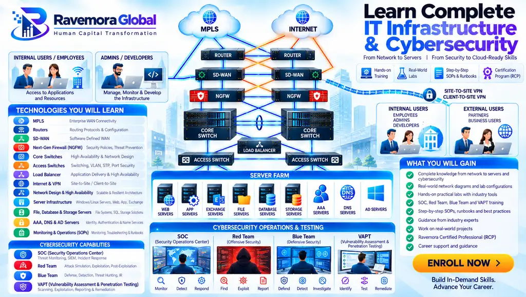 IT infrastructure and cybersecurity architecture showing network, server, security and monitoring components