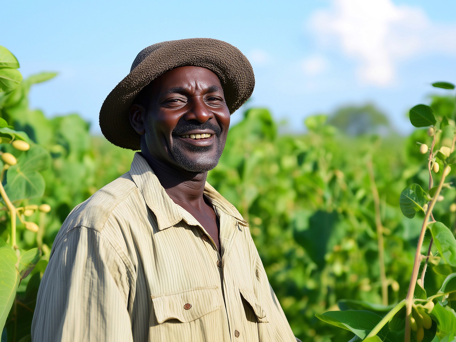 Smiling Angolan farmer standing in a lush green field of soy beans under clear skies.