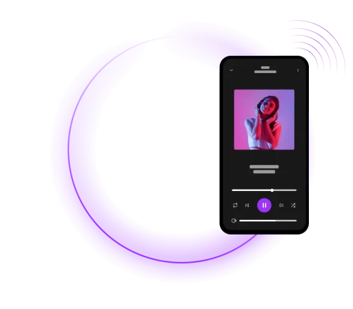 A purple circular design featuring a smartphone displaying an image of a character or person.