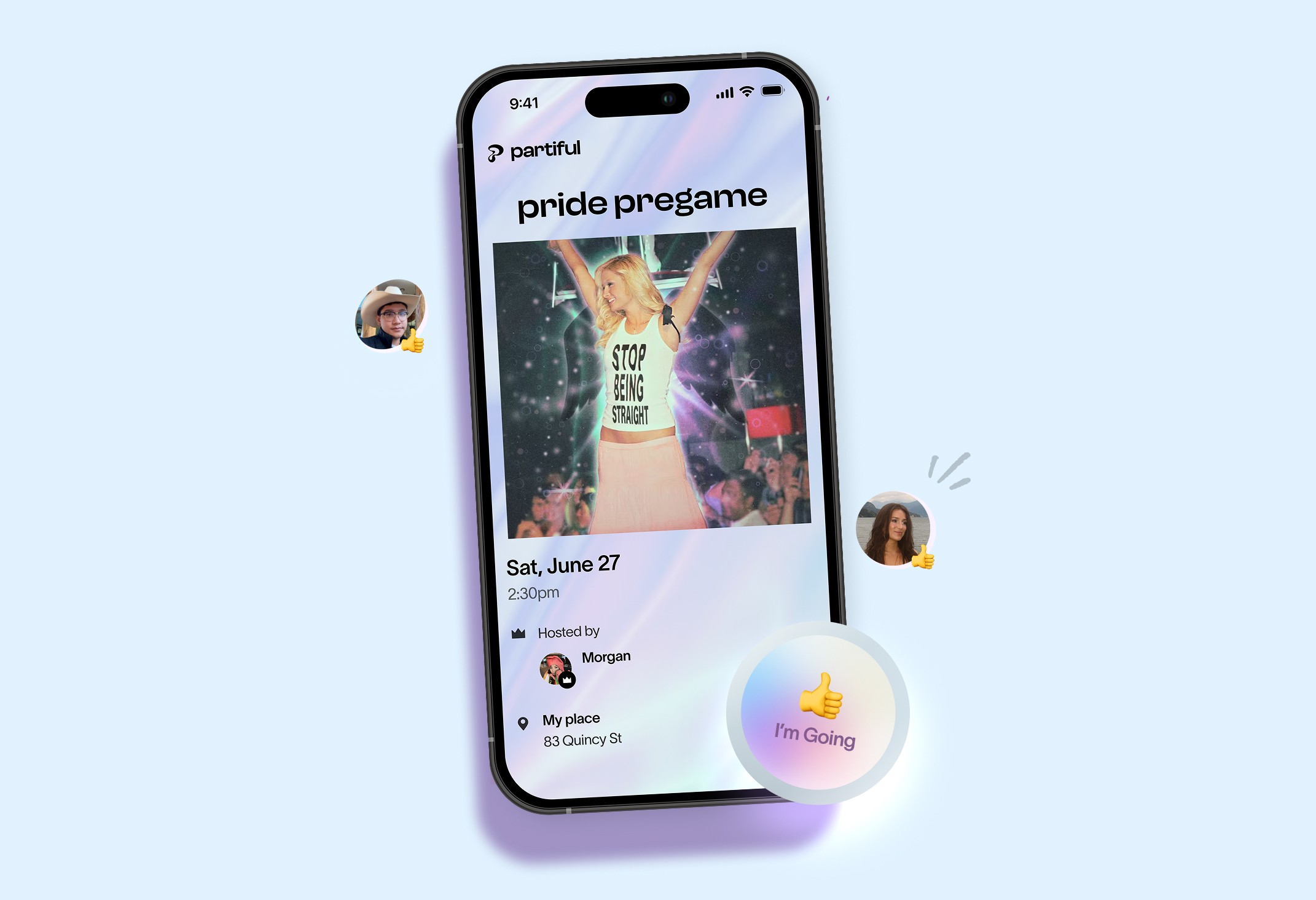 A smartphone on a light background displaying a social media post with a photo and text.