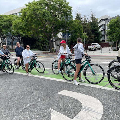 Un grupo de personas está de pie con bicicletas en un carril bici designado en una calle de la ciudad bordeada de árboles y edificios.