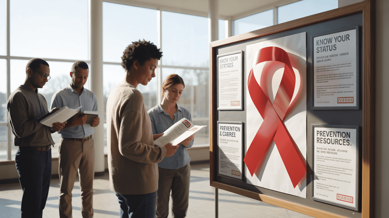 People reading HIV awareness posters with a red ribbon displayed on a public notice board on World AIDS Day.