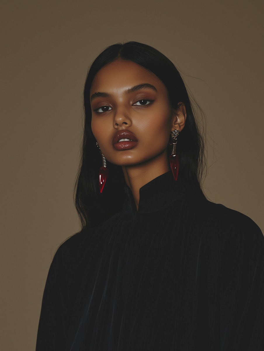 Elegant portrait of a woman with glowing skin, bold red earrings, and a sleek black outfit against a warm beige background.