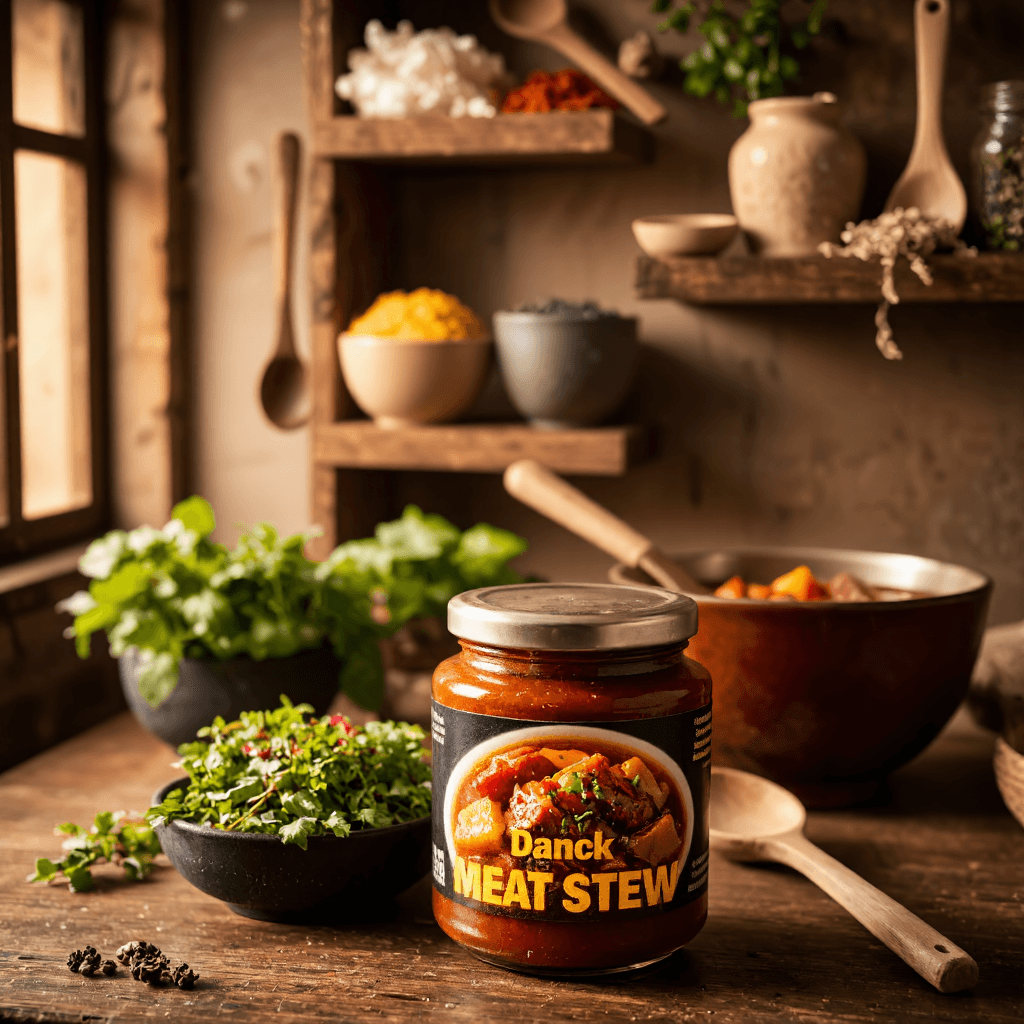 product photography of a container of meat stew sauce, used for cooking