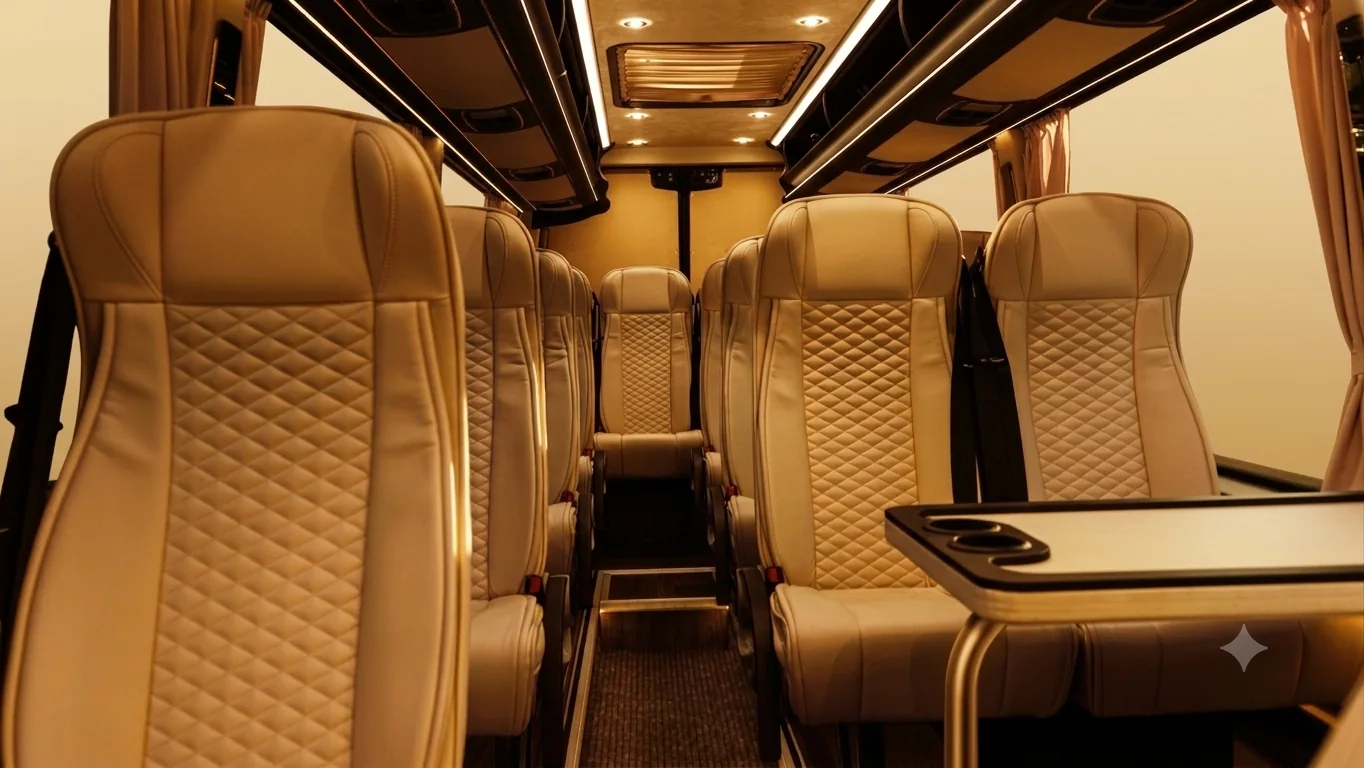 VIP-Bestuhlung mit Klapptischen im Mercedes-Benz Sprinter Minibus