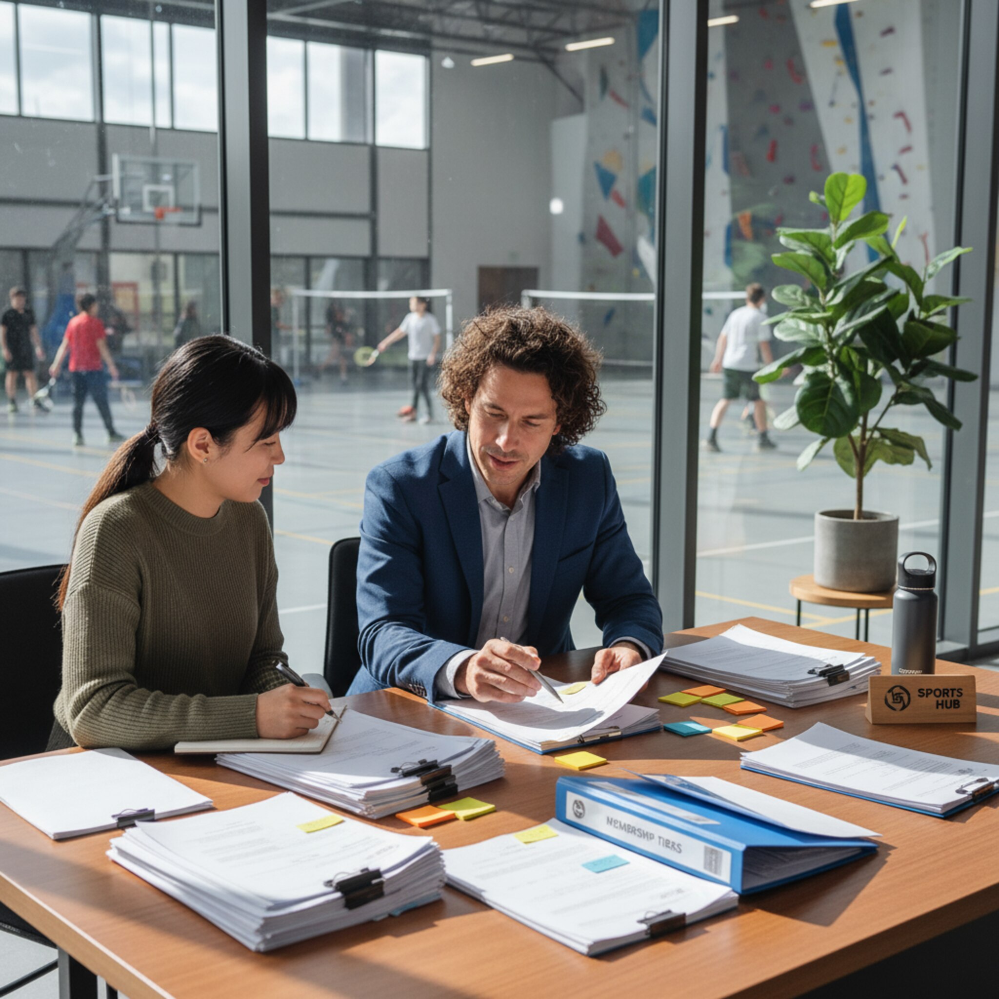 In einem lichtdurchfluteten Büro erklärt eine Teamleiterin einem Kollegen ein klares Tarifkonzept auf Papier. Sortierte Unterlagen und farbige Klebestreifen strukturieren die Optionen. Draußen sieht man die Halle durch eine Glaswand. Es wirkt nachvollziehbar, fair und gut geplant.