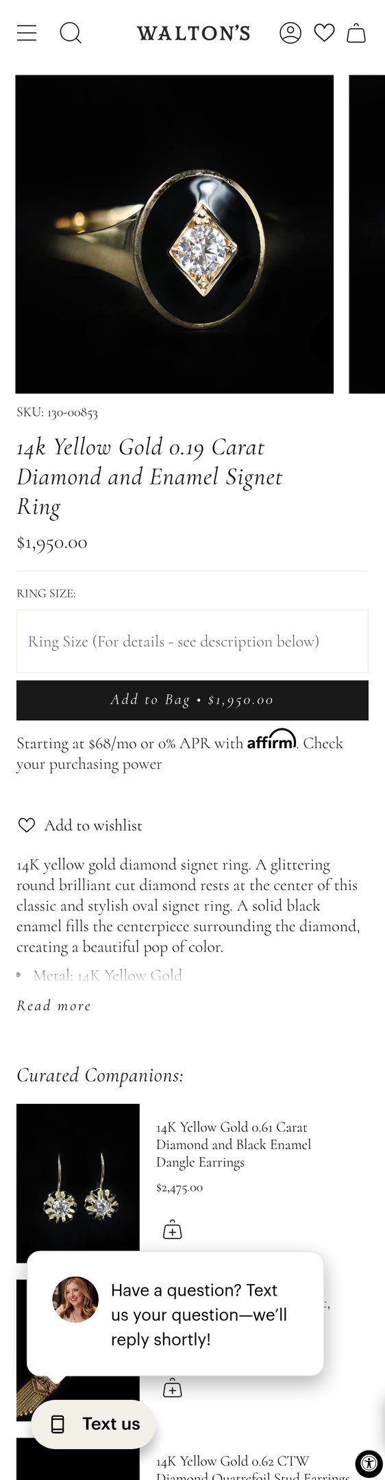 Jewelry product options include: ring for 14k Yellow Gold 0.19 Carat Diamond and Enamel Signet Ring from Walton's Jewelry.