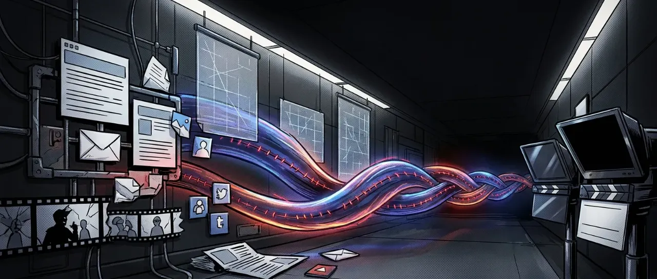 Neon data streams in tech room, RockN’ Socials Digital Marketing Agency.