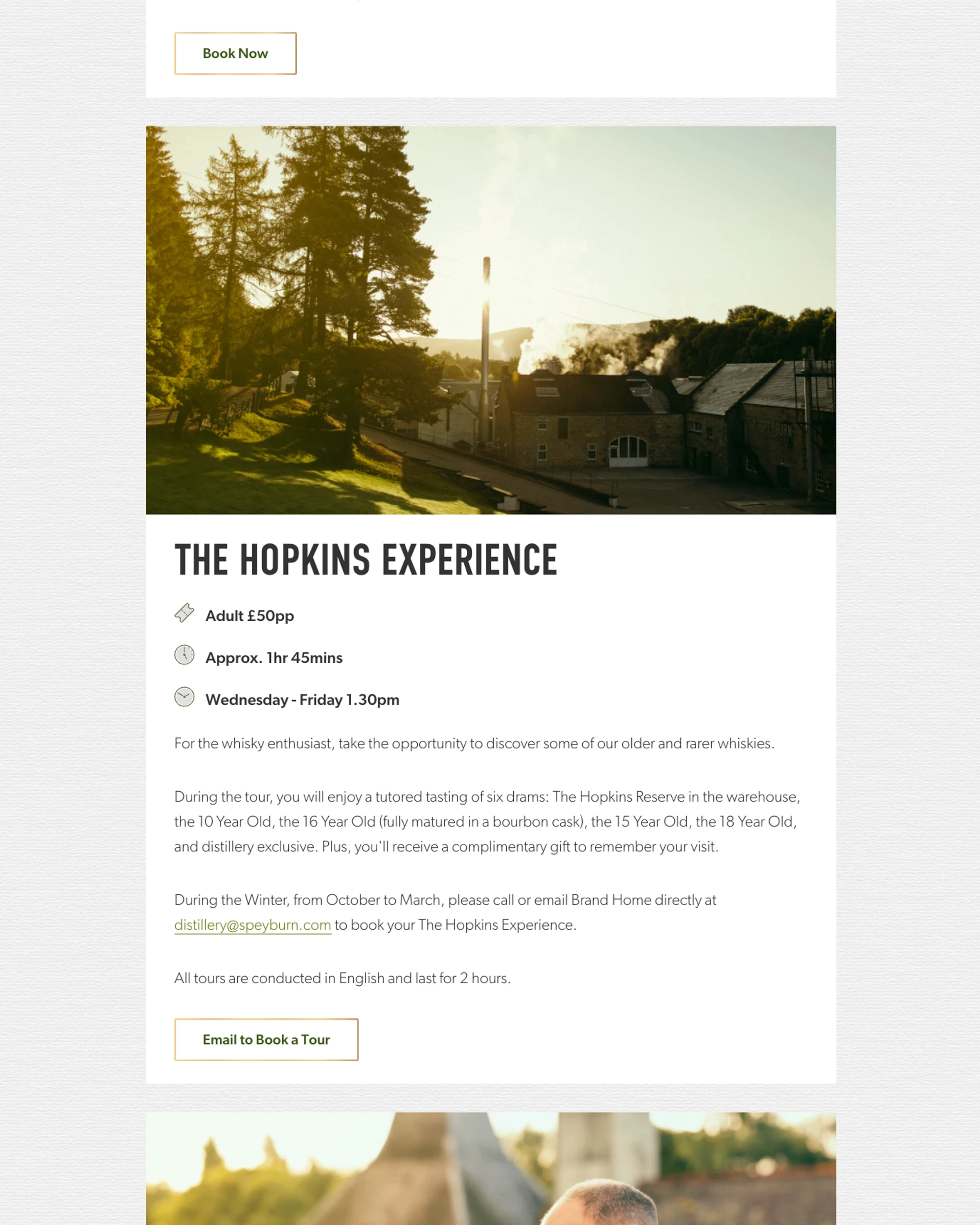 Screenshot of a Tour offering on Speyburn Whisky website