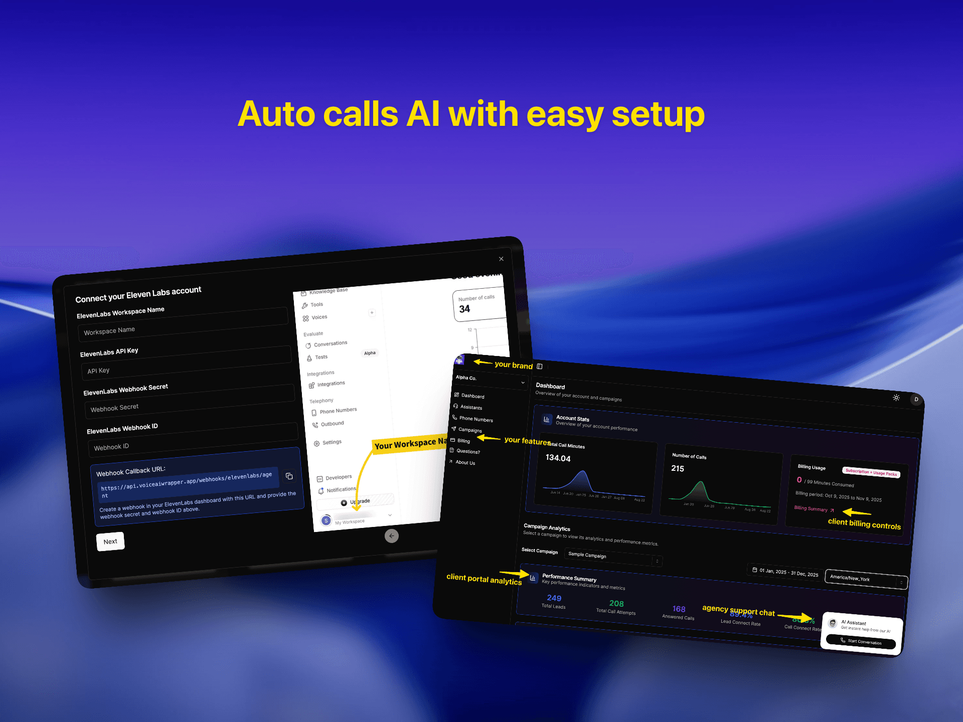 AI auto calls setup interface showing ElevenLabs integration configuration and analytics dashboard with client billing and portal controls | VoiceAIWrapper