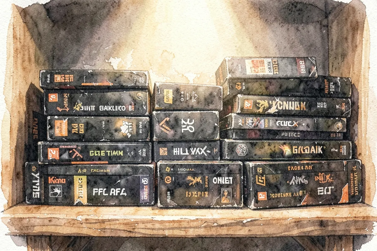 Uma variedade de caixas de jogos de PC empilhadas em uma prateleira de madeira, com alguns jogos em destaque.