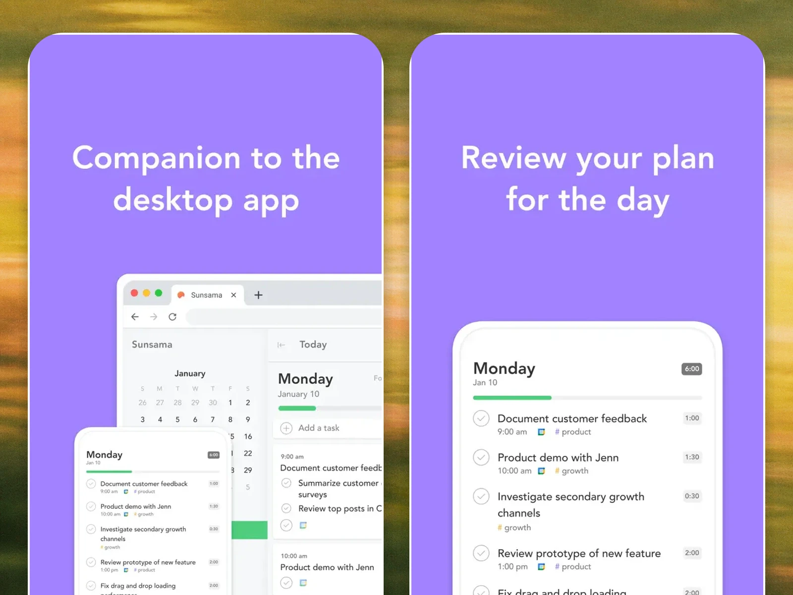 Sunsama daily planning interface shown in two large rounded app screenshots