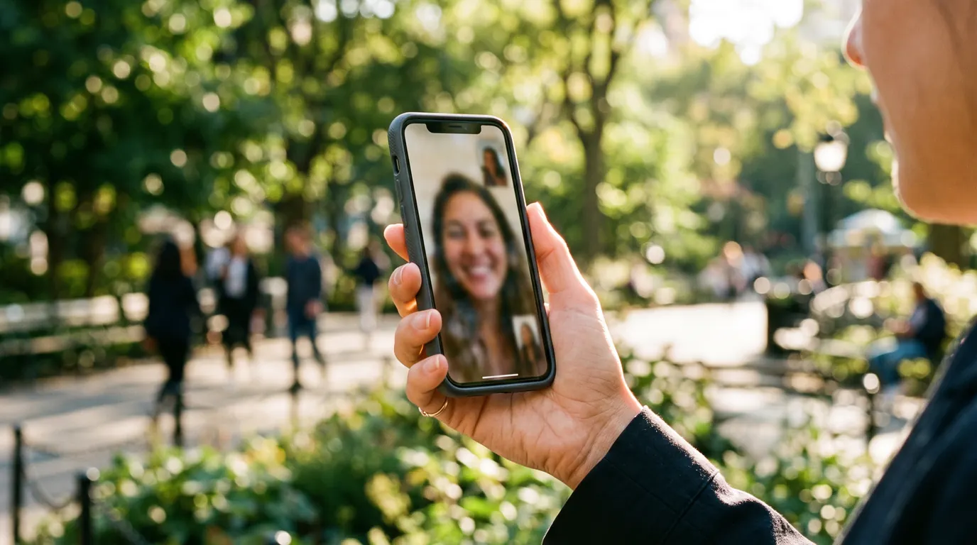 A hand holding a phone on a video call in a sunny city park