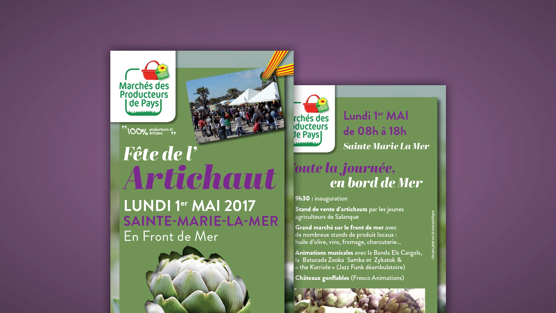 Vue d'ensemble du dépliant événementiel Fête de l'Artichaut recto verso — programme complet des animations du 1er mai à Sainte-Marie-la-Mer, Office de tourisme des Pyrénées-Orientales, Tartelette Concept