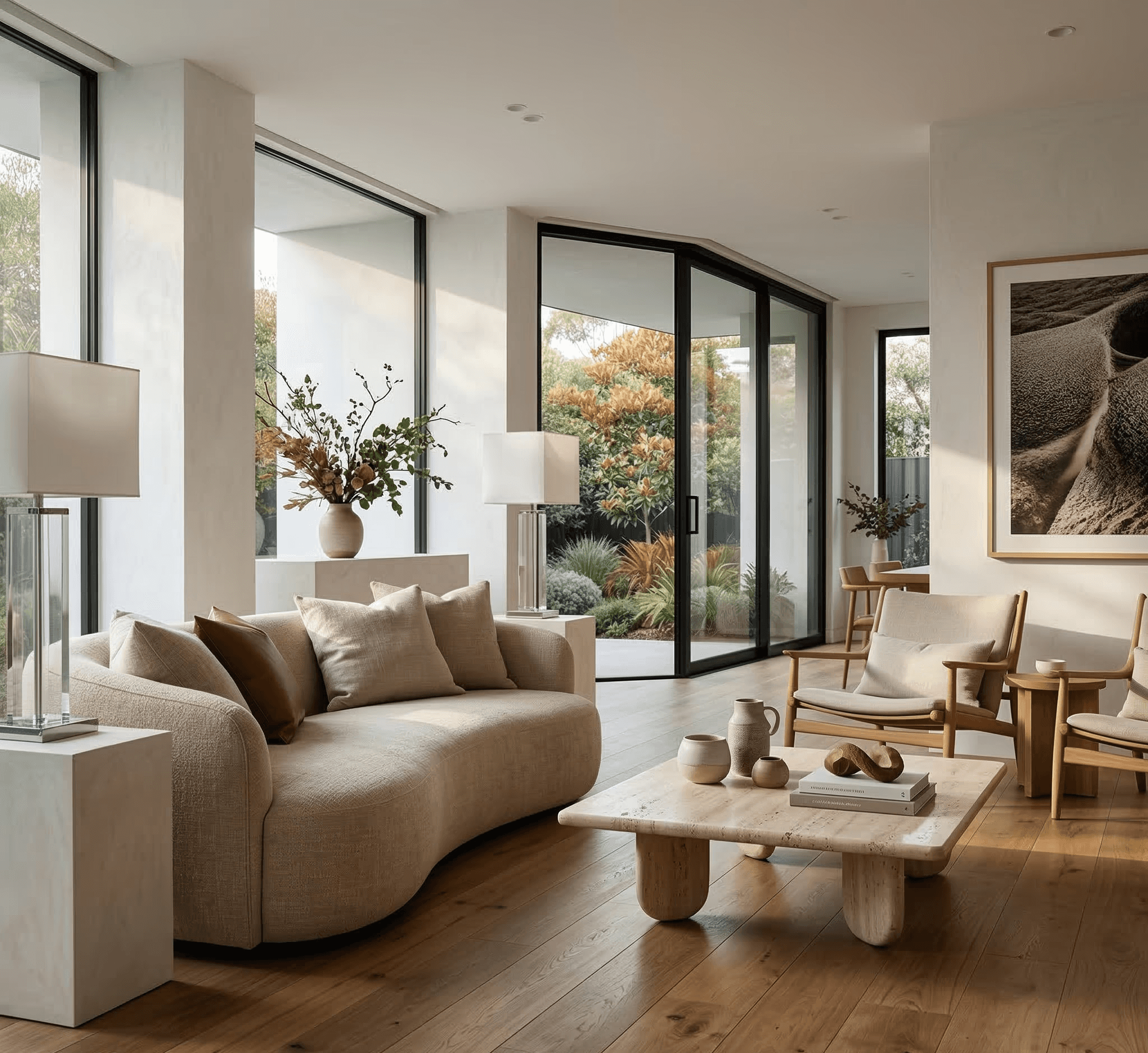 Modern terracotta architecture studio with curved ceilings, grid windows, round tables, stools, plants, and a contemporary chandelier.