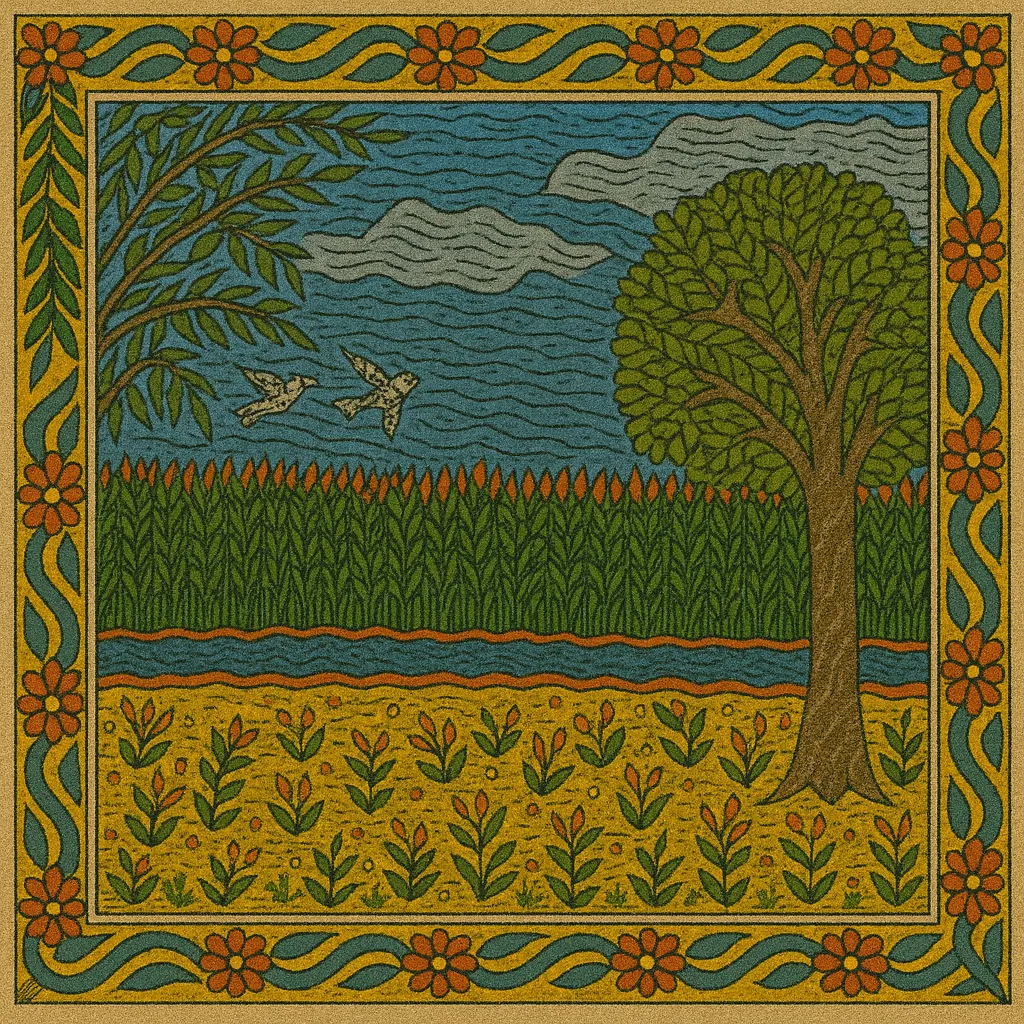 Birds in the sky, clouds, water body, old tree, budding plants- life stages symbols