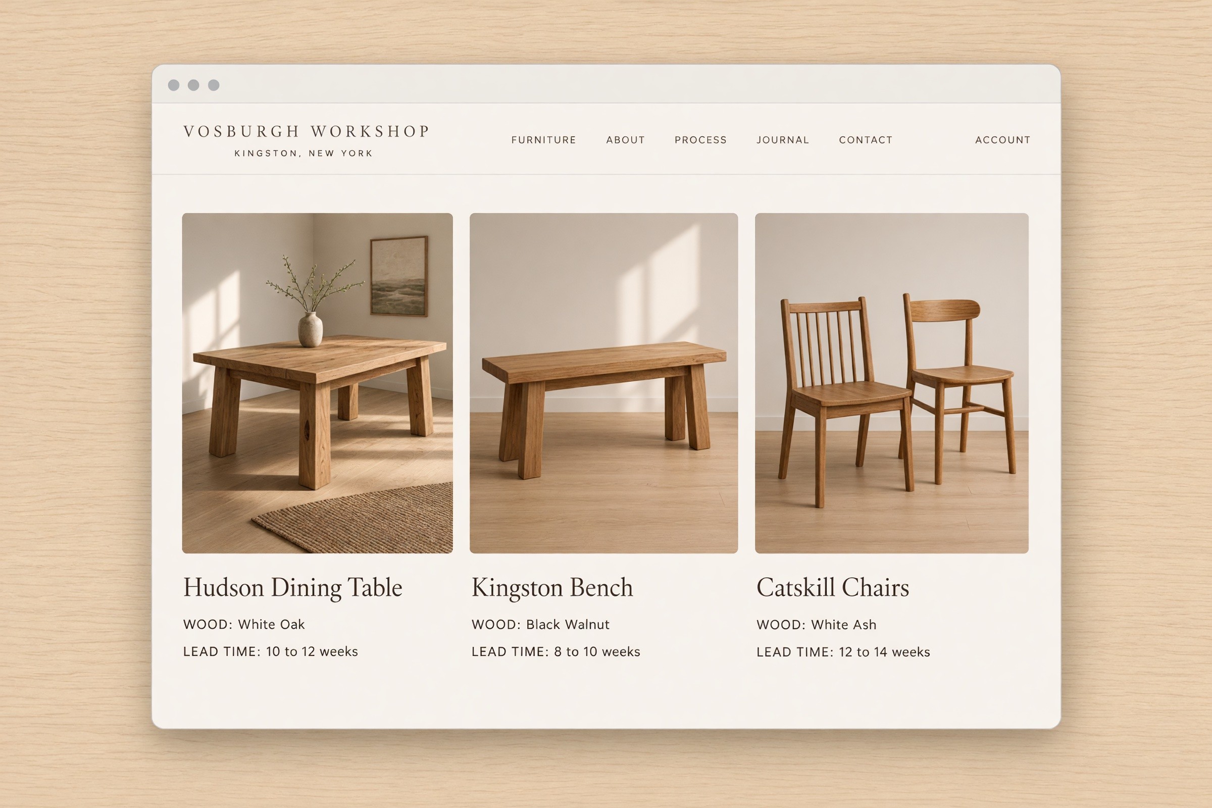 The Vosburgh Workshop catalog in a browser: dining tables, benches and chairs with wood and lead time