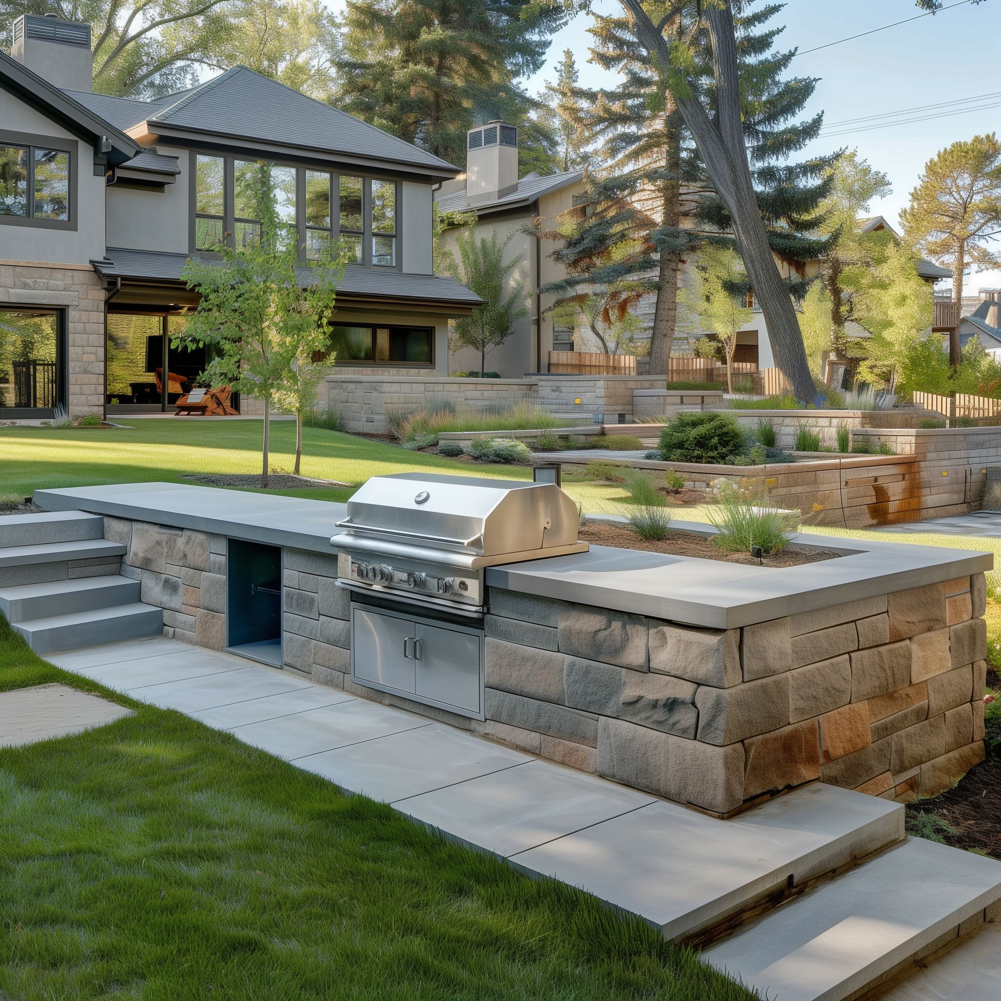 outdoor kitchen with an island featuring grey stone blocks, perfectly integrated into the surrounding landscaping