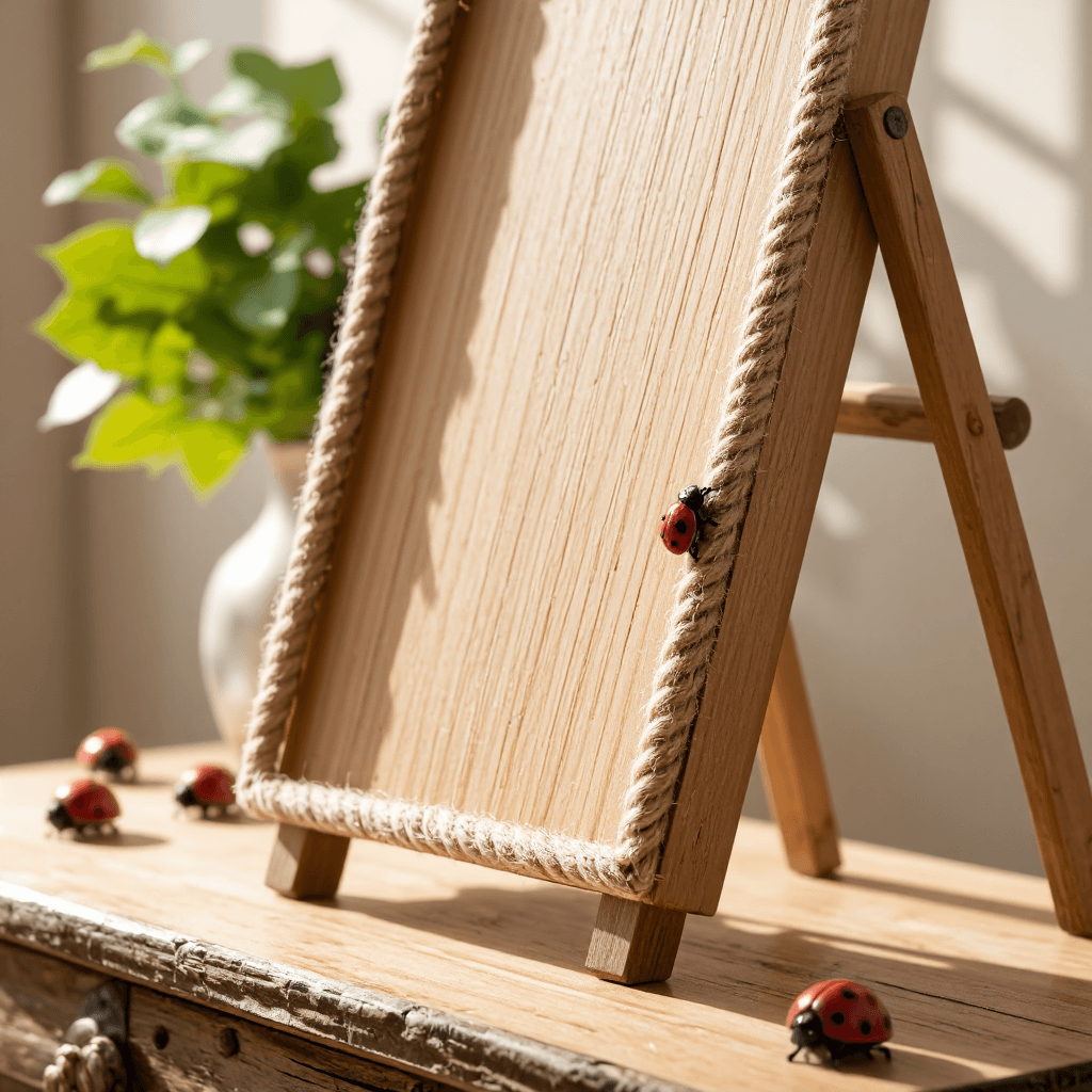 product photography of a wooden display stand with decorative rope and ladybug accents