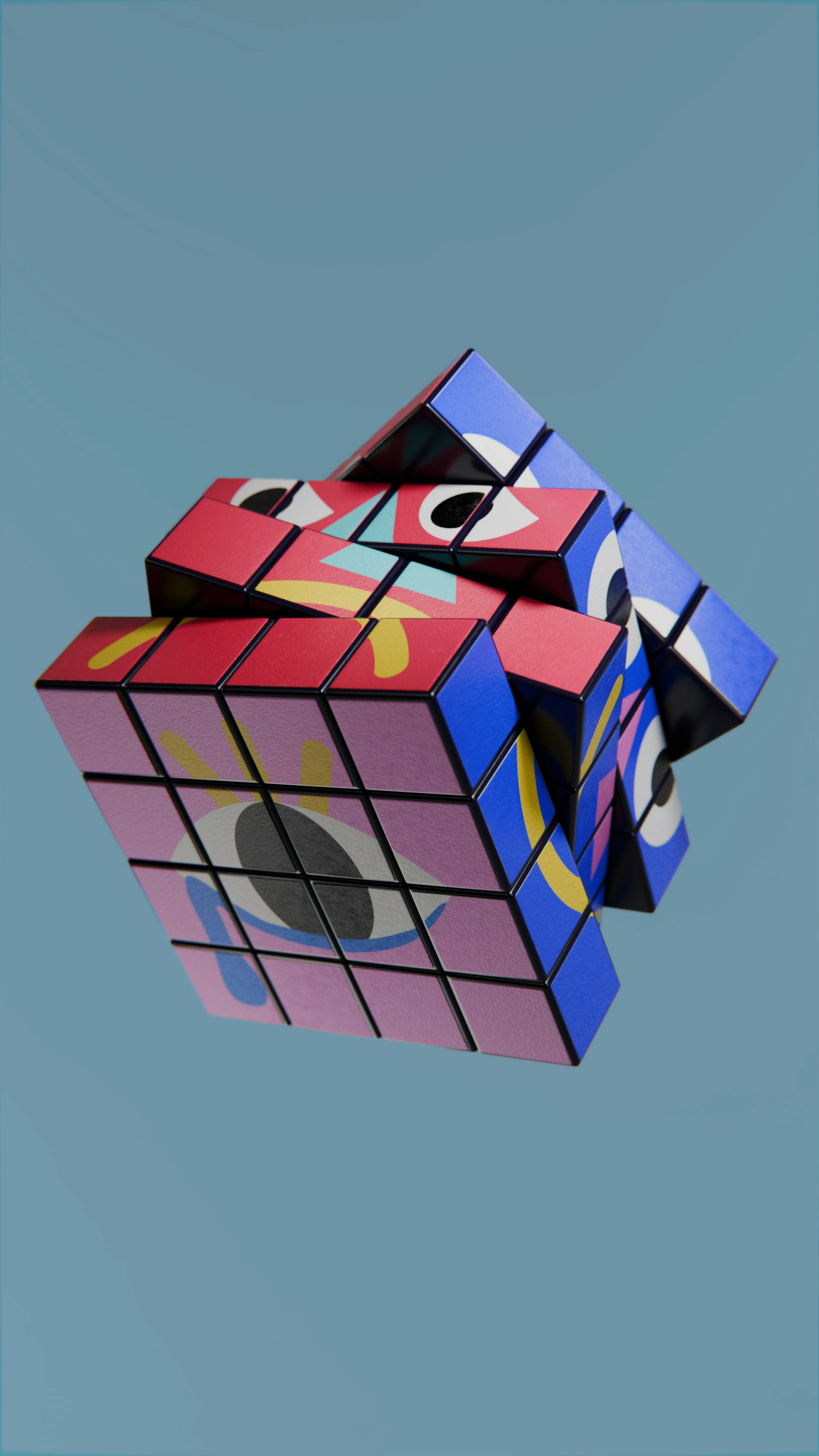 Partially twisted Rubik's cube featuring a colorful, abstract face design.