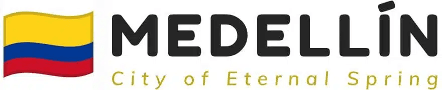 Medellín logo with city outline and text "City of Eternal Spring" on black background, symbolizing Colombia's vibrant cultural and economic growth. at Cosmoverse summit