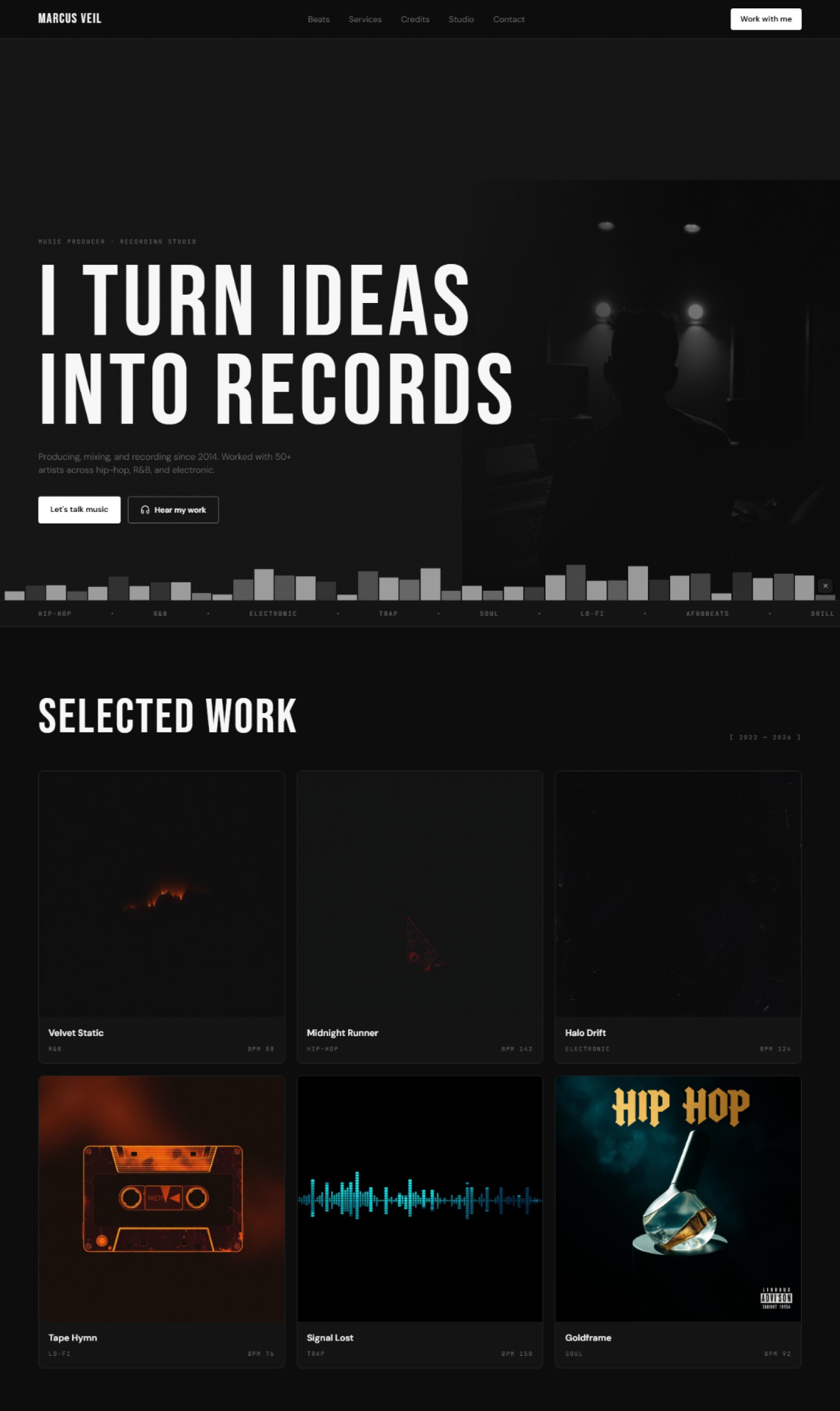Music producer website prompt — near-black and white Bebas Neue bold music producer and recording studio design preview