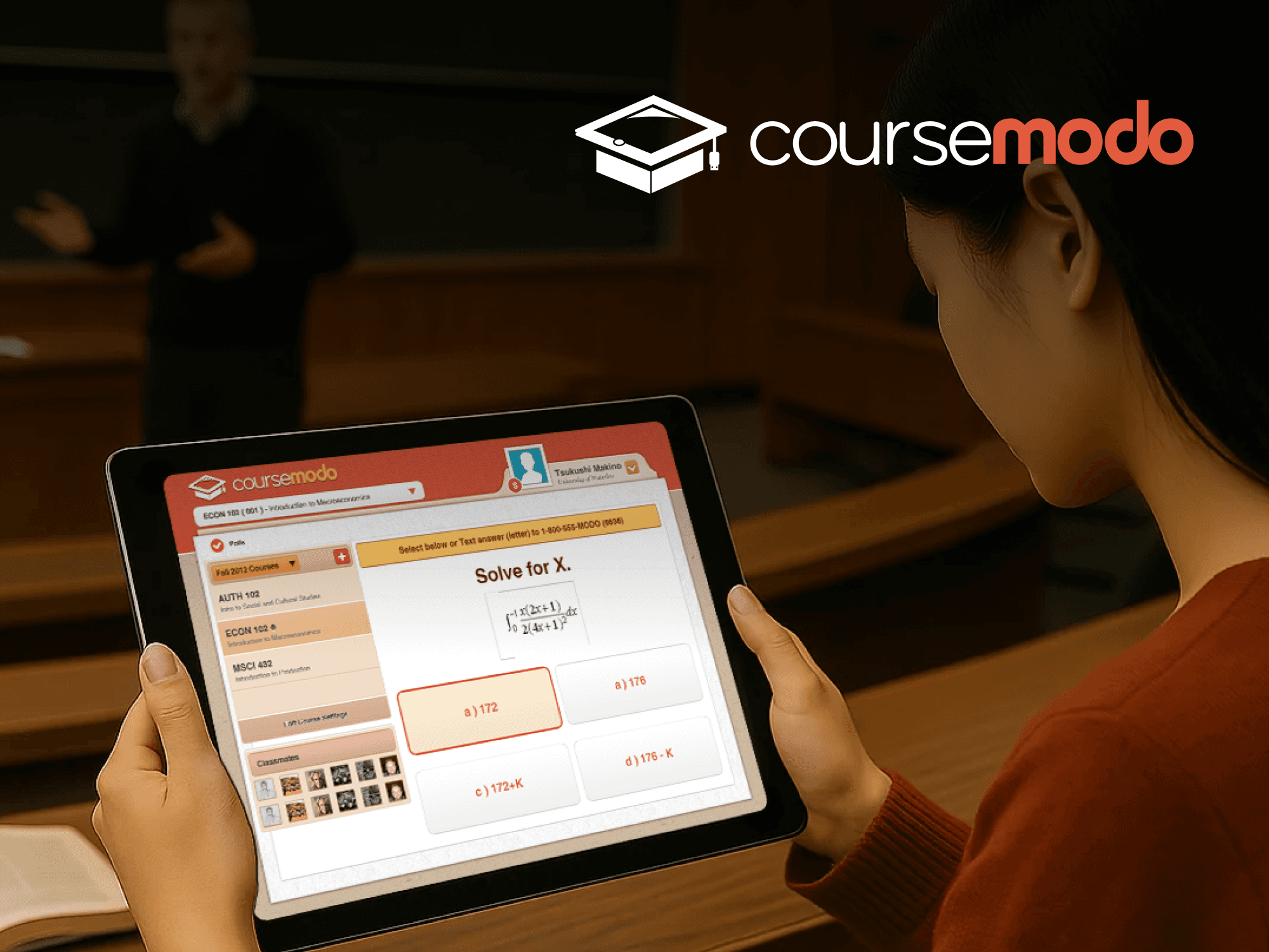 A college student looks at her tablet while a professor talks