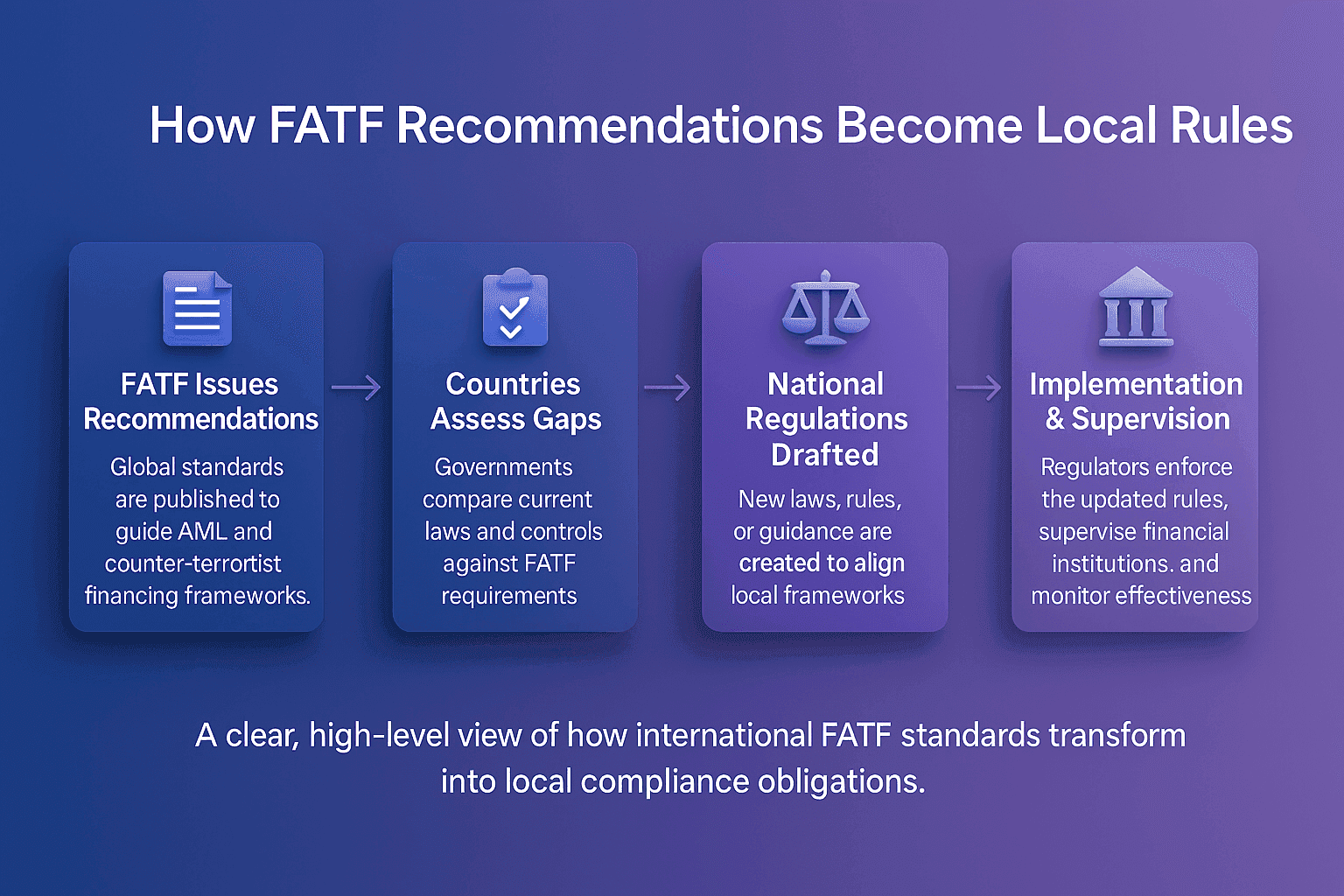 Flowchart showing how FATF Recommendations become local AML rules, including FATF issuing standards, countries assessing gaps, drafting national regulations, and implementing regulatory supervision.