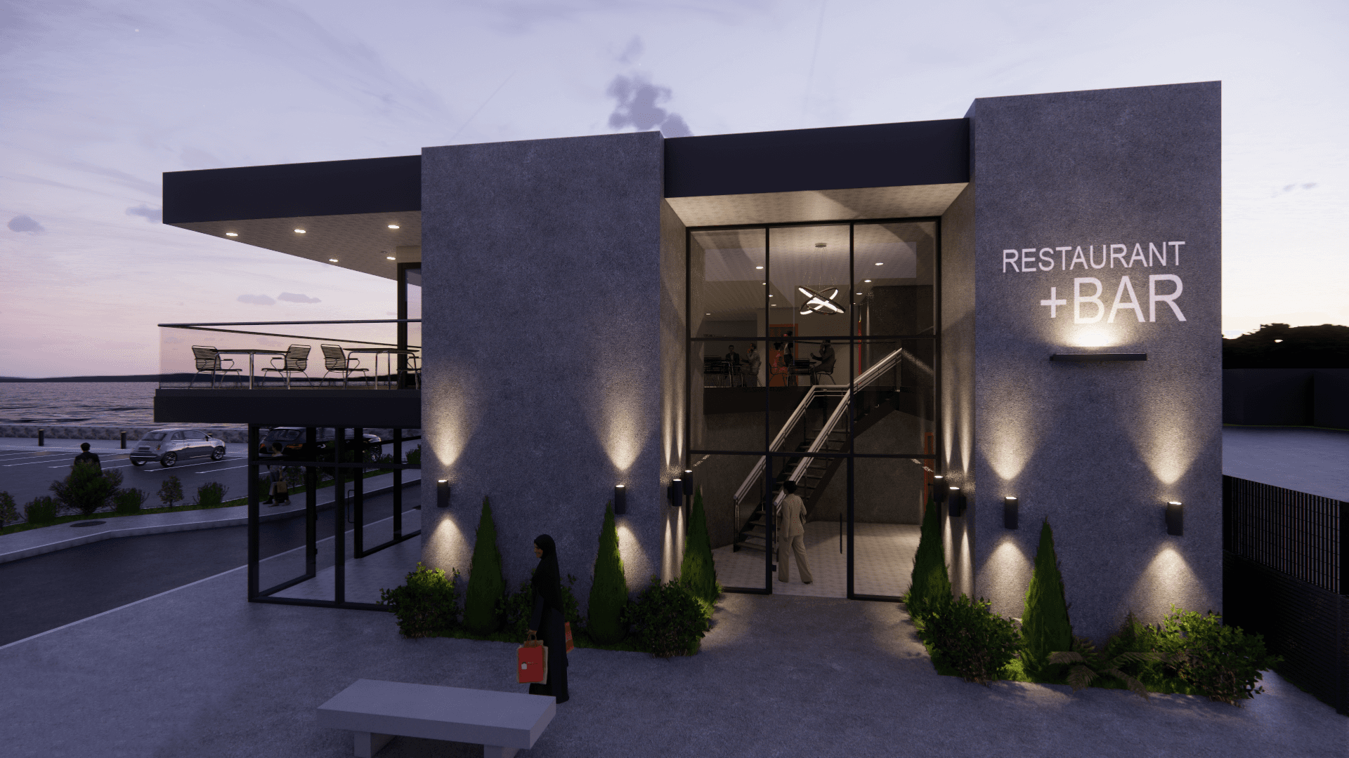 Commercial restaurant and bar on the coastline overlooking the water