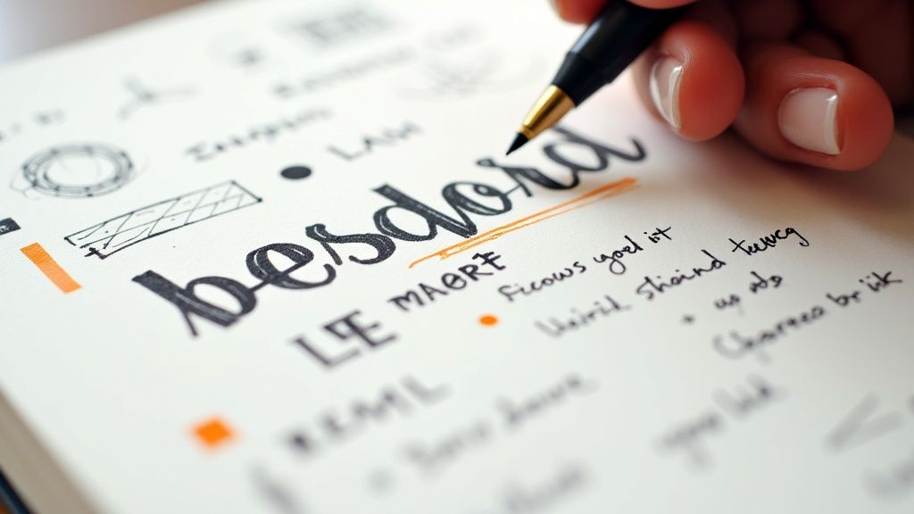 Close-up of a person writing in a notebook with a black and gold pen, featuring doodles and handwritten notes.