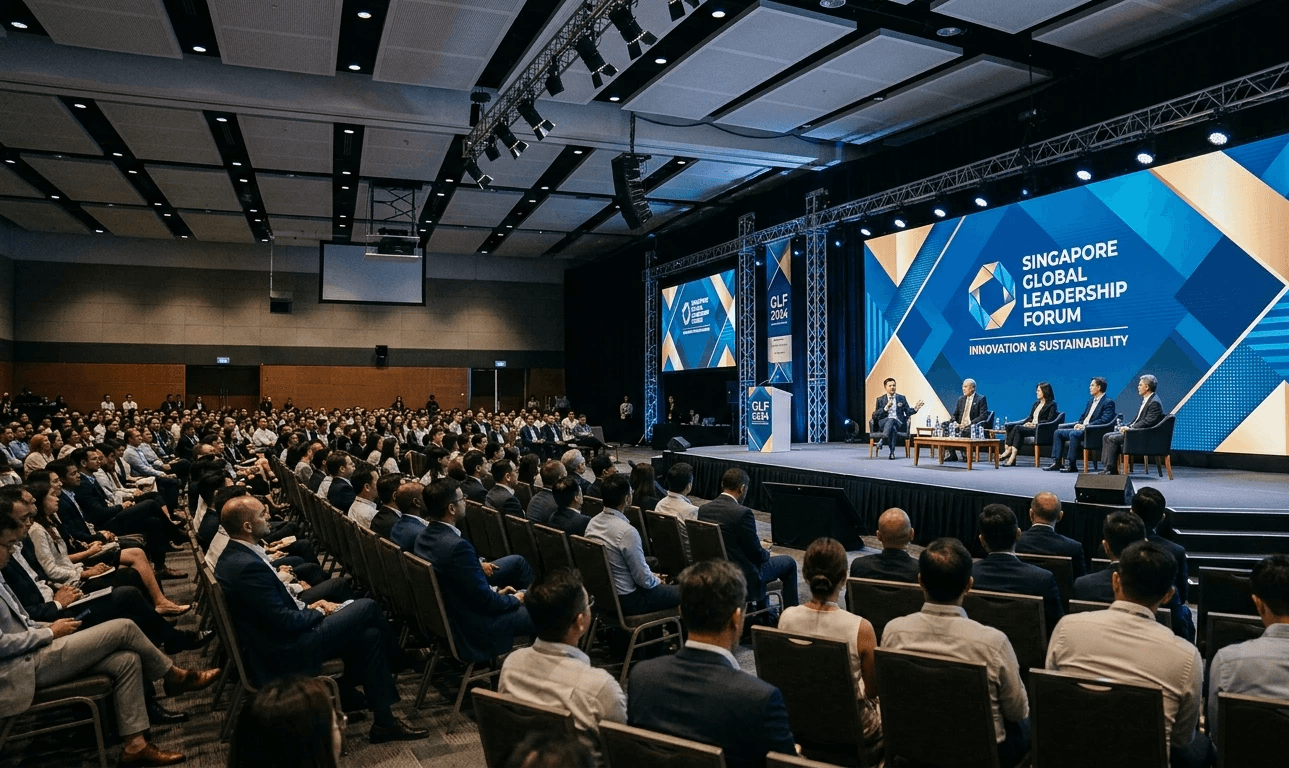 Sleek corporate conference stage design in Singapore managed by DFW Creative event management company.